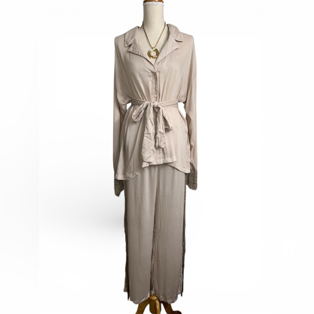 Nasty Gal Beige Fringe Two Piece Set